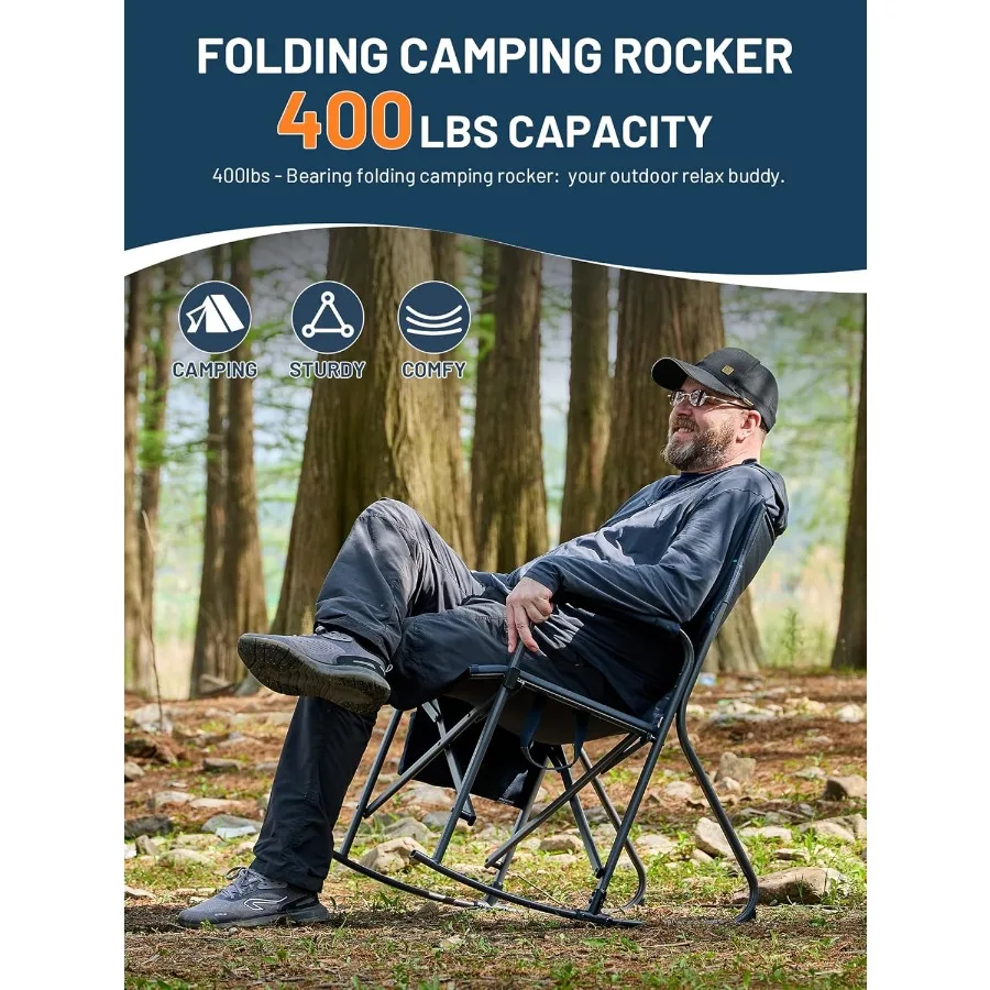 كرسي تخييم هزاز كبير الحجم قابل للطي بسعة 400 رطل للاستخدام في الحديقة الخارجية هزاز محمول يتميز بمساند للذراعين الصلبة