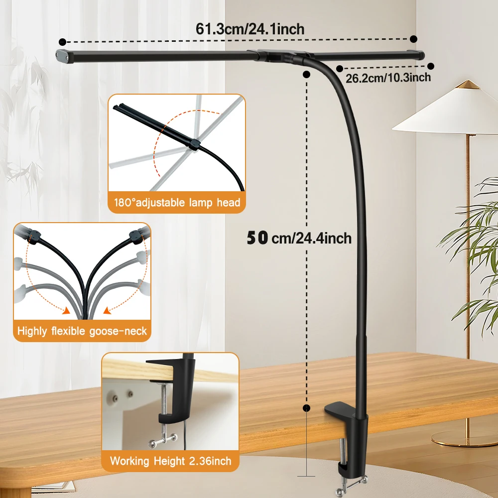 Lámpara de escritorio con Clip LED de doble cabezal, lámpara de mesa de arquitecto para iluminación de oficina en casa, 3 modos de Color y 10 lámparas de escritorio regulables con protección ocular