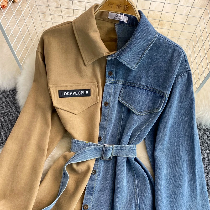 Denim Stitching Lapel Dress for Woman 2025 Autumn and Winter New Korean Fashion Slim Irregular Mid-length Sashes Dress Women