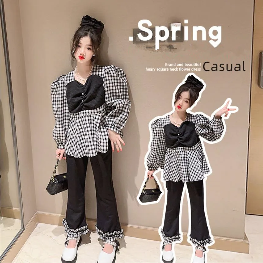 

Spring Autumn New Sets Baby Girl Long Sleeve Shirt + pant 2pcs Suits Children Plaid Tops Korean Style 6-16 Years Wz1068 Wholesal