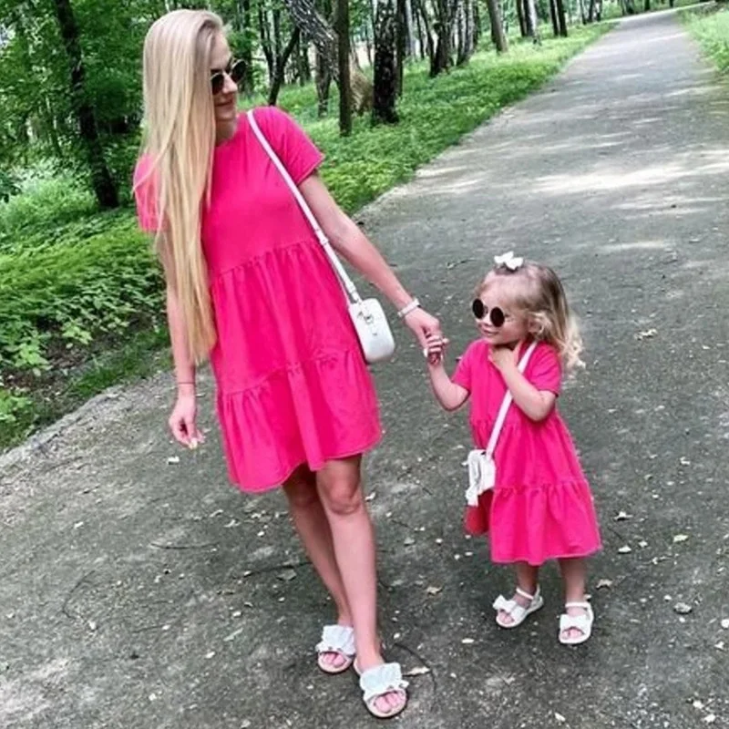 Summer Mommy and Daughter Matching Clothes Short Sleeve Solid Color Mother and Daughter Dress Casual Family Matching Outfits