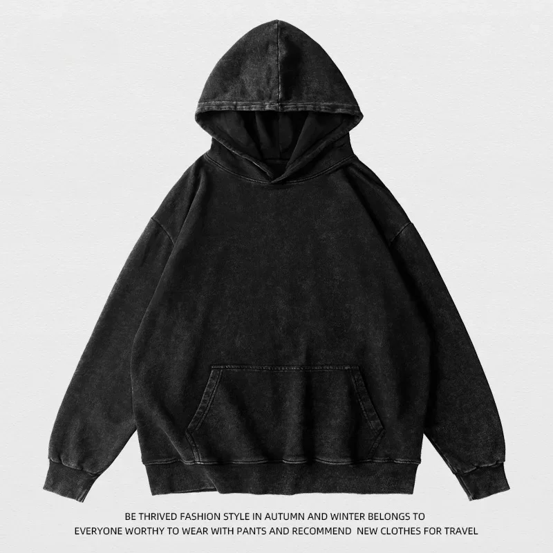 FEGKZLI 400GSM Acid Wash American Vintage Black Hoodies Autumn Oversized Loose Hooded Sweatshirts