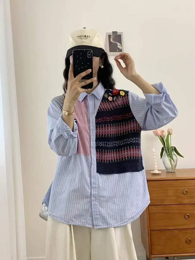 Neues 2026 Frühlings-Baumwoll-Langarmshirt, Damen-Revers-Strickwolle-Patchwork, Mori Girl Perppy Style INS Lose Bluse T5D618CC