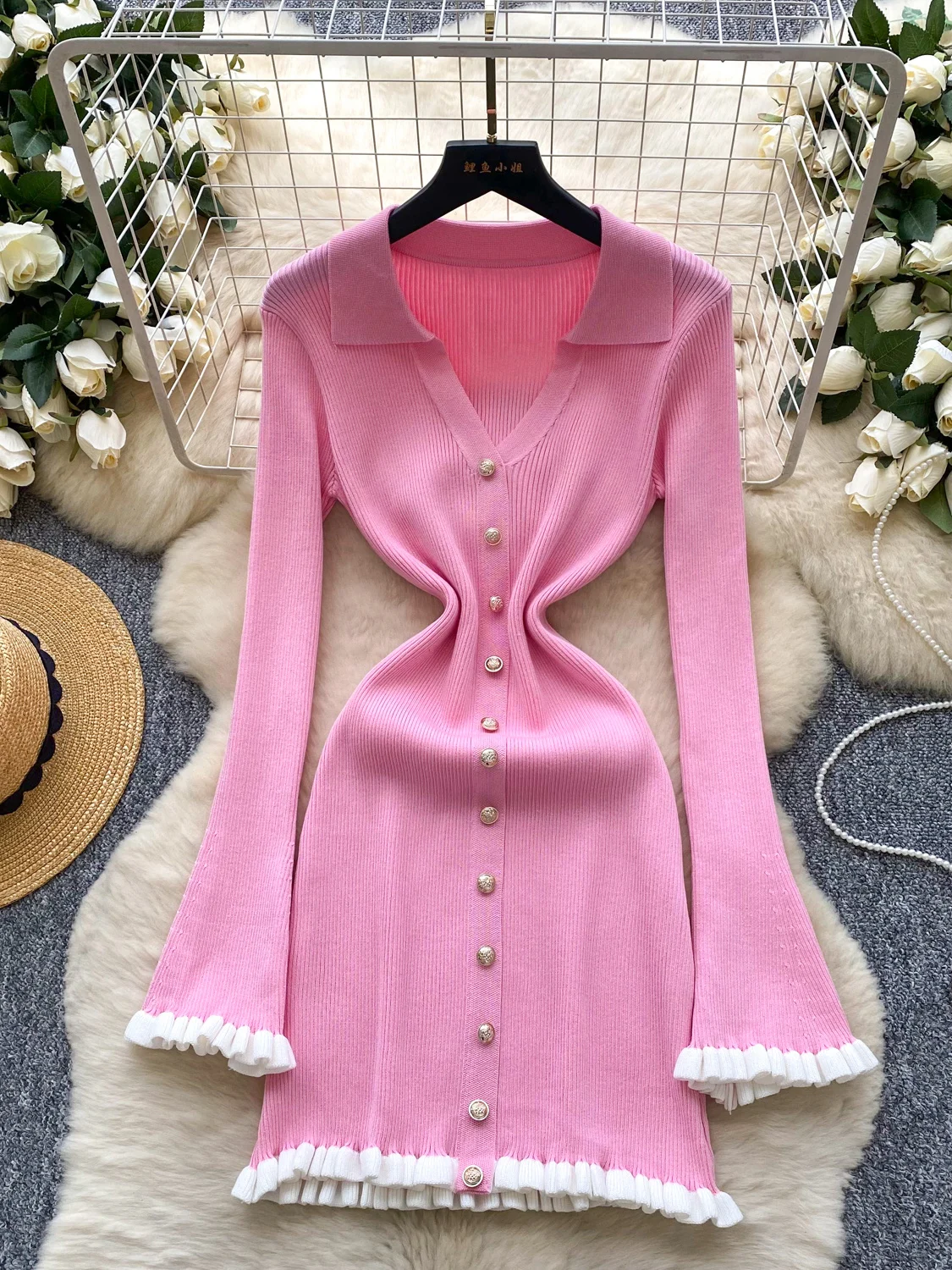 فستان محبوك فاخر للنساء بقصة ضيقة وياقة مقلوبة وتنورة متوسطة الطول مناسب للتنقل في المدينة بأسلوب كوري وخصر مرتفع مصنوع من أل... #1