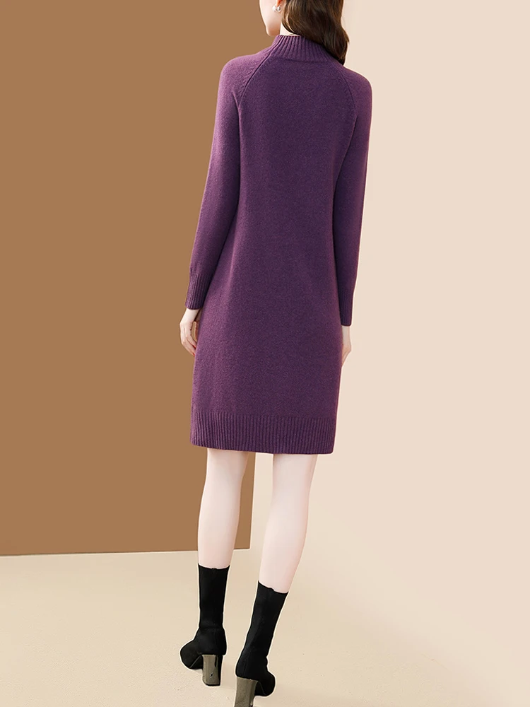 EVNISI 100% lana Merino abito in maglia elegante mezzo collo alto inverno Slim viola abiti da festa fondo abiti in Cashmere 2023