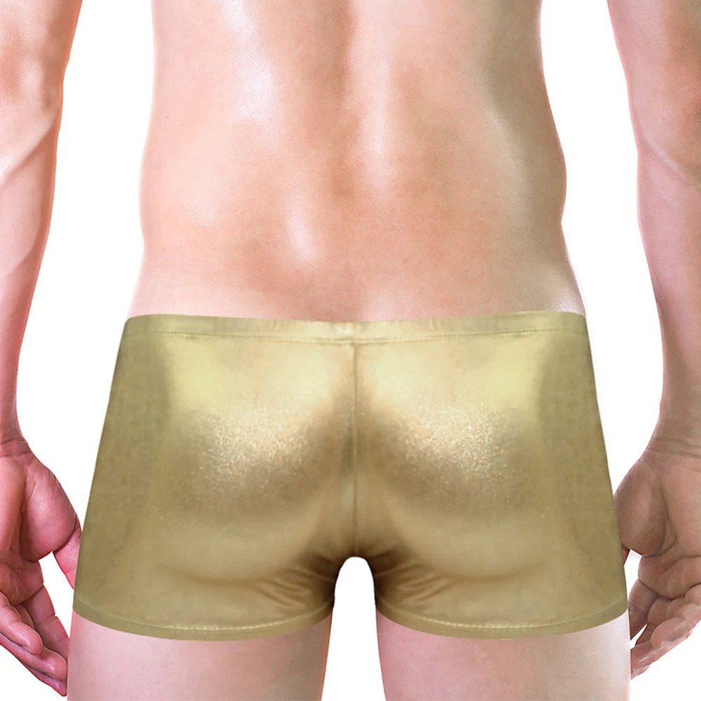 Boxer Briefs Panties 1X Breathable Classic Comfort Faux Leather Gold Male Polyester Silver Solid ≤80kg Fashion