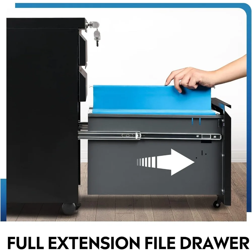 3 drawer mobile file cabinet, under the office desk, fully assembled except for casters, letter/legal size black