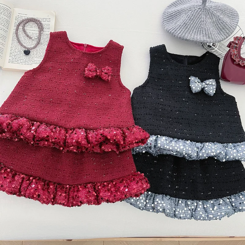 

Winter Girls' Outfit2025Lace Vest Top Fleece-Lined Short Skirt Little Girl Warm Princess Two-Piece Set Wholesale