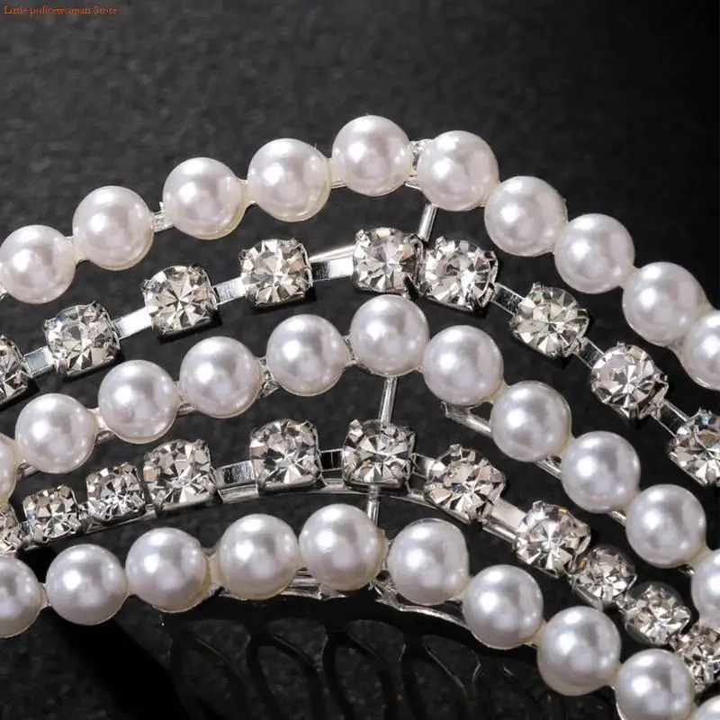 

F92D Delicate Pearls Headband for Bride Hair Jewelry Elegant Studded Rhinestones Gold Accents Stylish Headwear