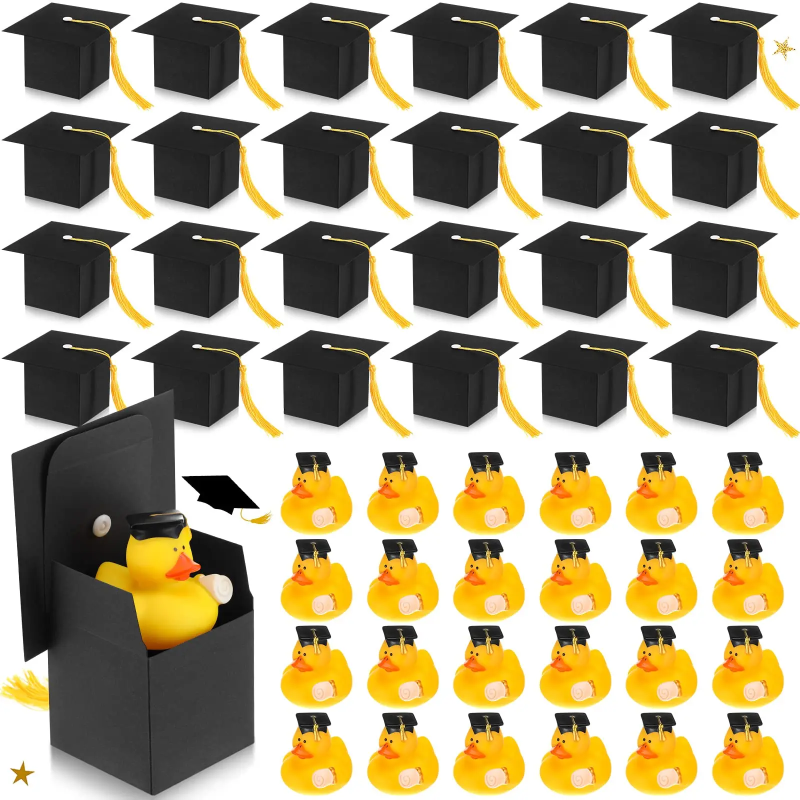 

24 sets Graduation Rubber Ducky Toy with Grad Cap Gift Boxes Grad Party Favor Grad Candy Boxes with Red Tassels for Grad Gifts