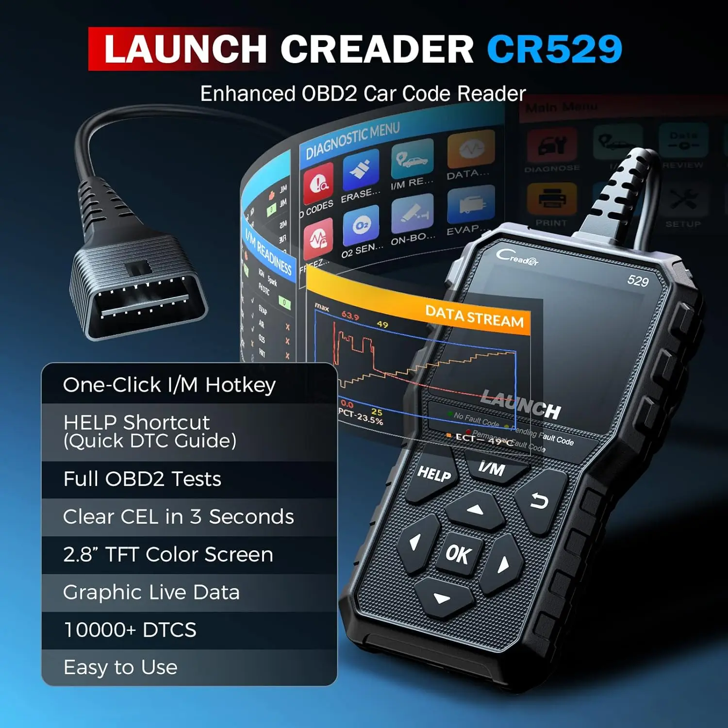 

LAUNCH CR529 OBD2 Scanner Full Function Car Code Reader Engine Fault Diagnostic Tool I/M Ready Live Data Free Update