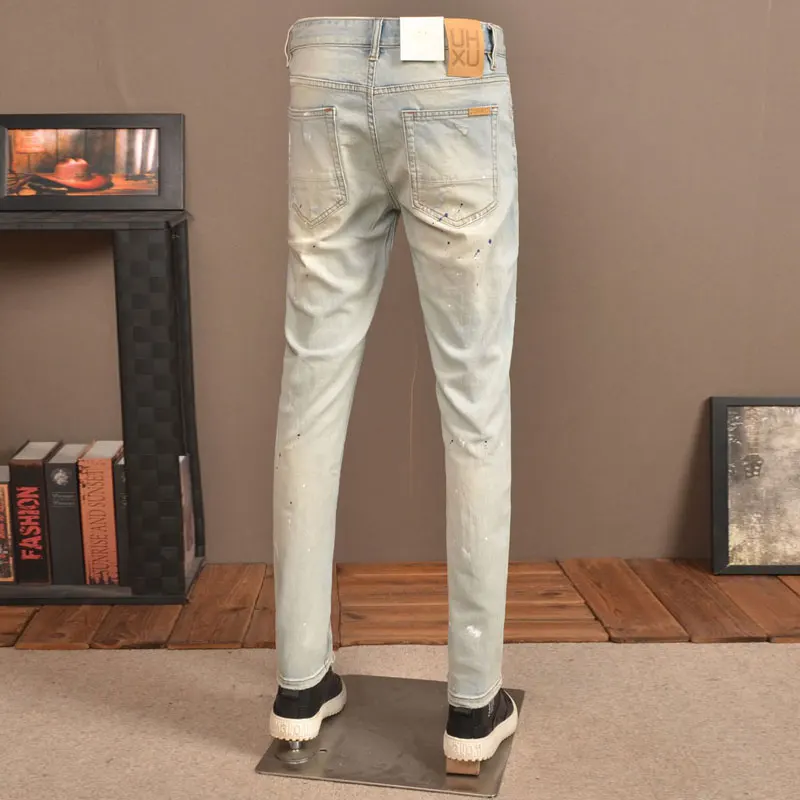 Fashion Streetwear Men Jeans High Quality Retro Washed Blue Stretch Slim Ripped Jeans Men Painted Designer Vintage Denim Pants