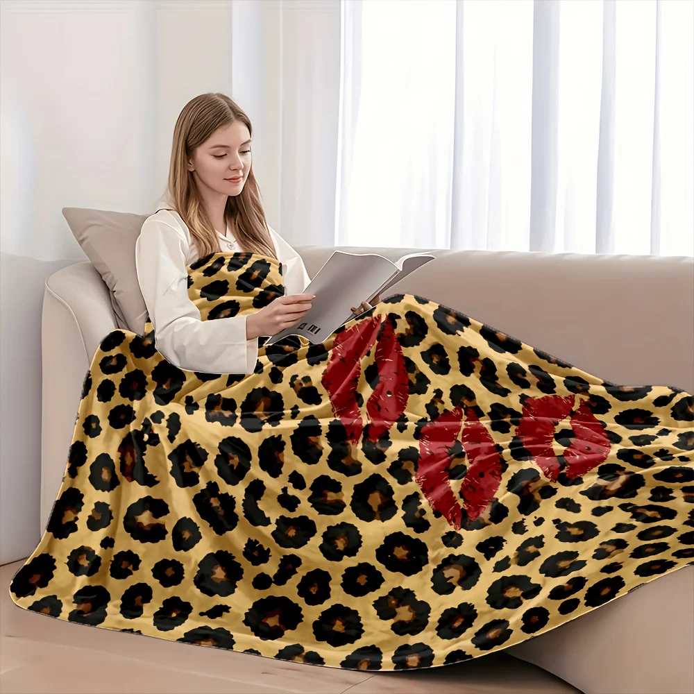 1pc Leopard Red Lips Flannel Blanket, Thickened Warmth And Cozy Comfort, Versatile All-Season Use, 280GSM Heavyweight, Machine Washable, Great for Bedroom, Sofa, Bed, Bedding Items, Office Nap, Dorm And Car, Winter Warm Throw, Ideal Gift Choice