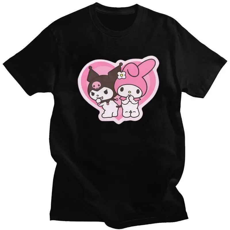 Funny Melody Kuromi Cartoon Heart T Shirts Men Short Sleeve T-shirt Graphic Tee Tops 100% Cotton Slim Fit Tshirt Merchandise