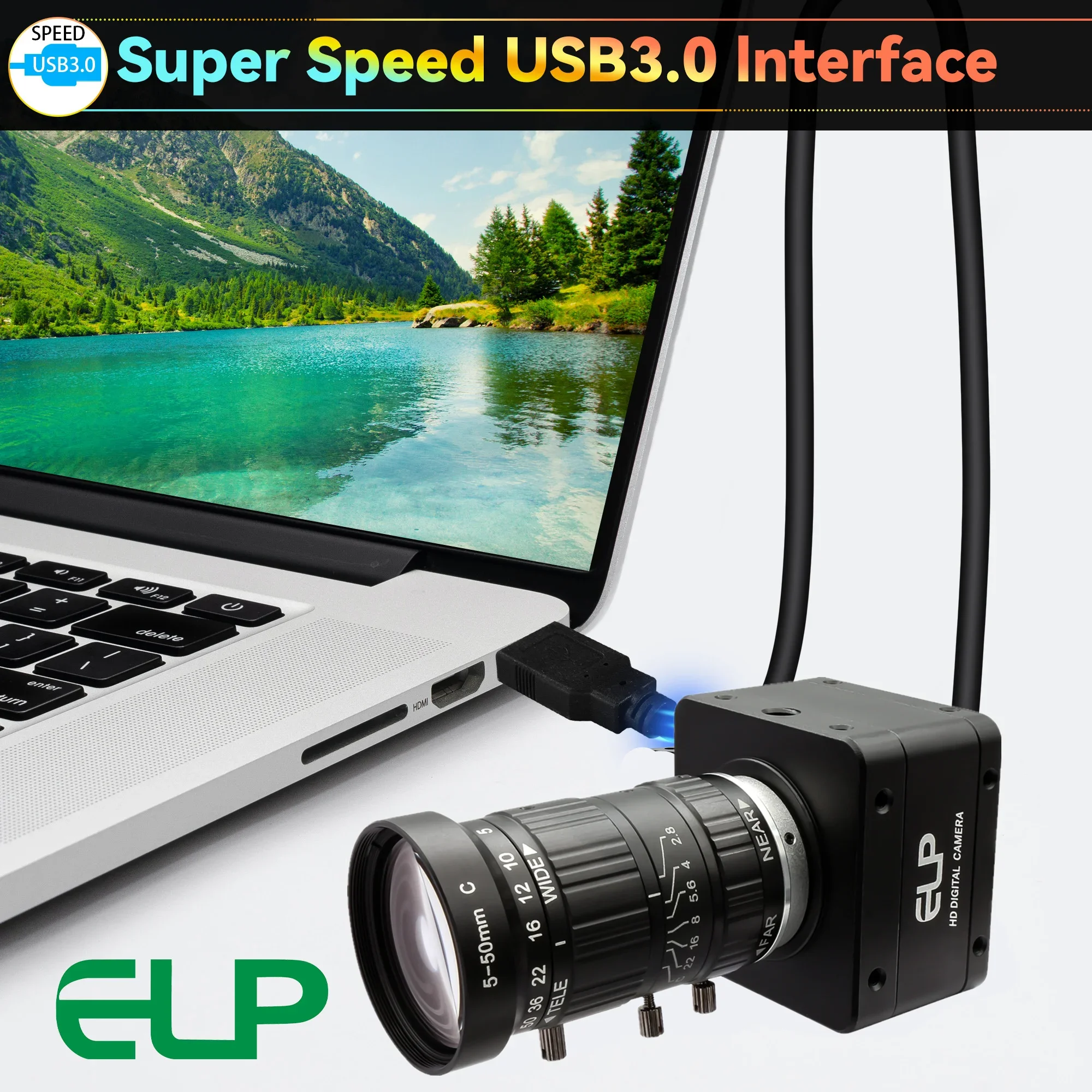 ELP USB3.0 Industrial Camera, IMX577 12MP 4K@60FPS 1080P@230FPS, 5-50mm CS Varifocal Zoom Lens UVC Plug&Play for Machine Vision