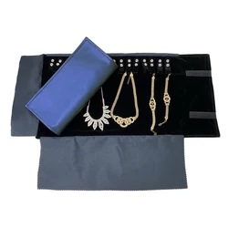 Navy Blue Leather Jewelry Roll Bag Portable Carring Case Organizer Multi Functional Necklace Pendant Storage Box