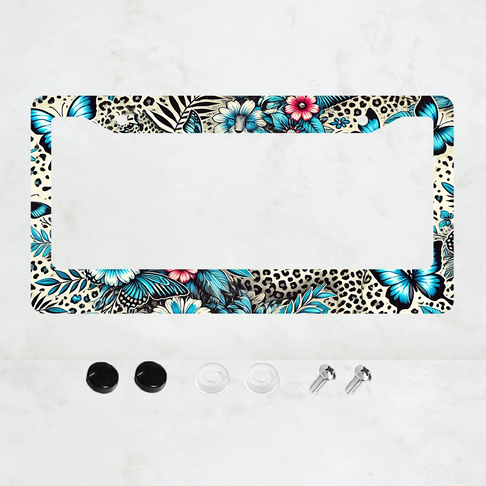 

1 шт. синяя рамка для номерного знака с леопардовым принтом и синими бабочками - стандартный размер США, декоративная рамка для автомобильного номерного знака
