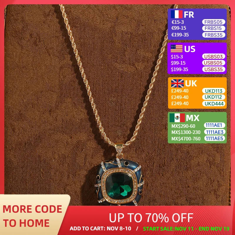 

Vintage Emerald Crystal Necklaces Luxury Designer Jewelry Hidden Blue Enamel Square Pendant Gold Color Chain Valentine Day Gift