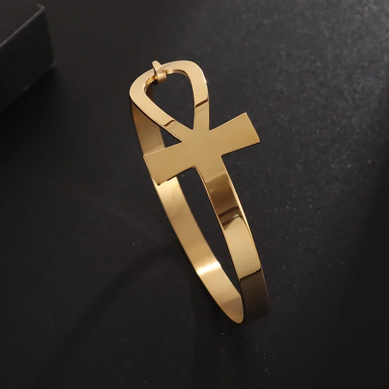 Egyptian Symbol Ankh Cross Life Cuff Stainless Steel Bracelet Men's Religious Amulet Jewelry Gift Accessory