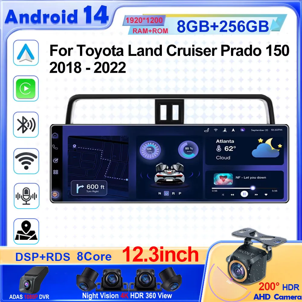 12.3inch Android For Toyota Land Cruiser Prado 150 2018 - 2022 Car DVD Player WIFI Radio Video GPS Bluetooth Touch QLED Screen