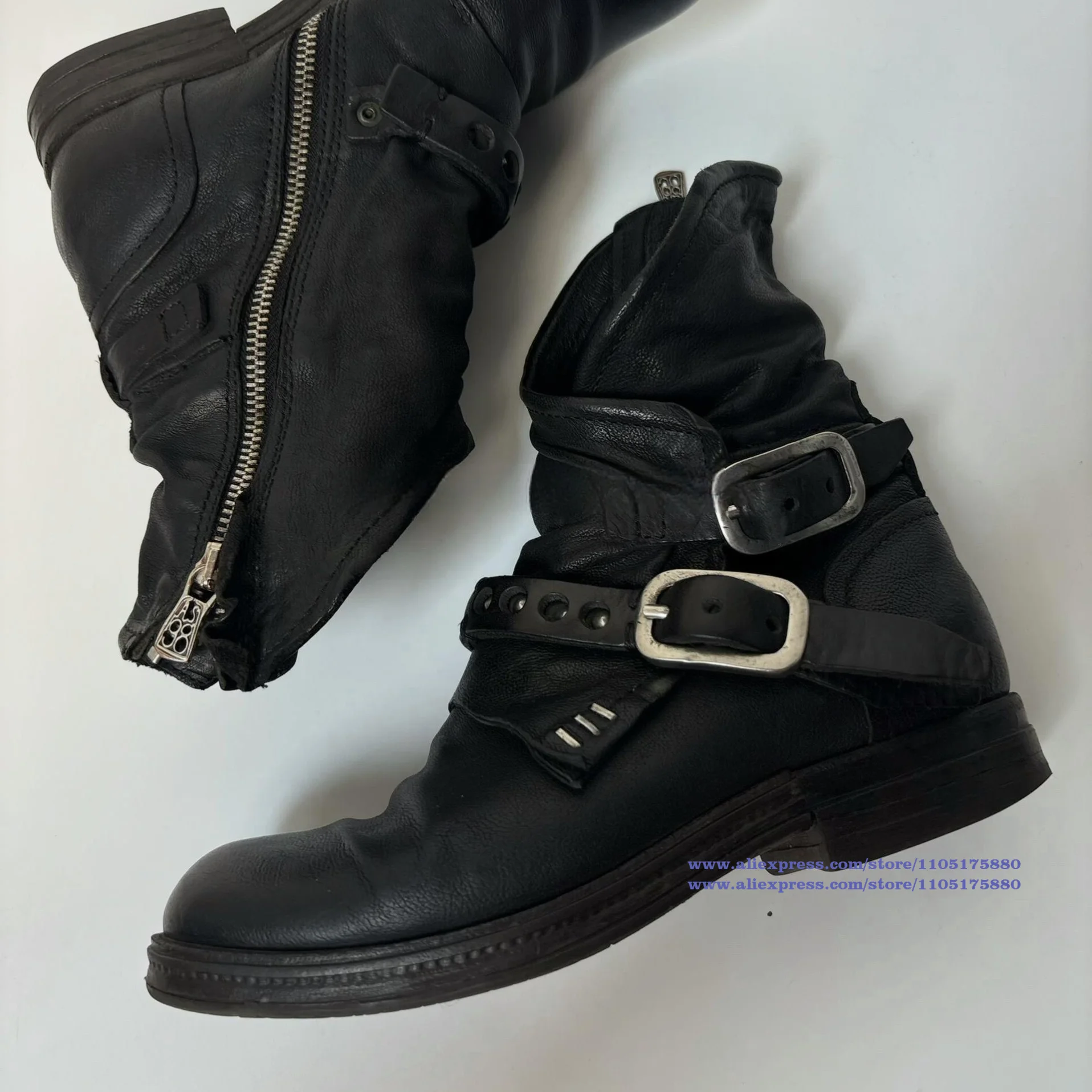 Schwarze Lederstiefel mit Doppelschnalle für Herren, Vintage-Motorradstiefel, Schnallenriemen, Punk-Ritterstiefel, trendige Herrenstiefel
