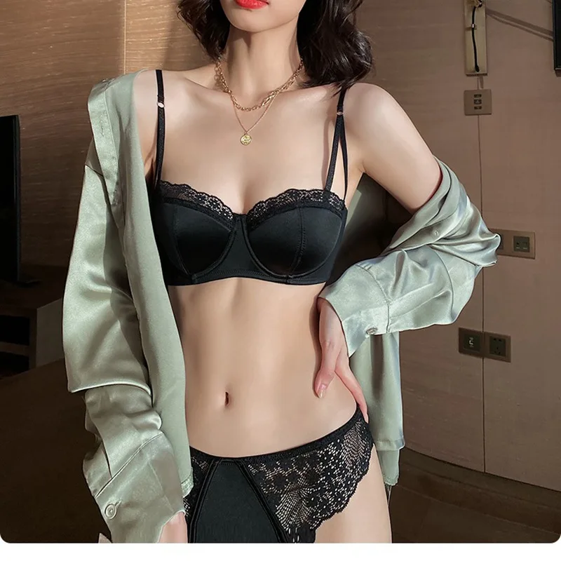 2022 New Foreign Trade Sexy Smooth Lace Edge French Bra Set, Hot selling Thin, Large Chest, Small Underwear for Women