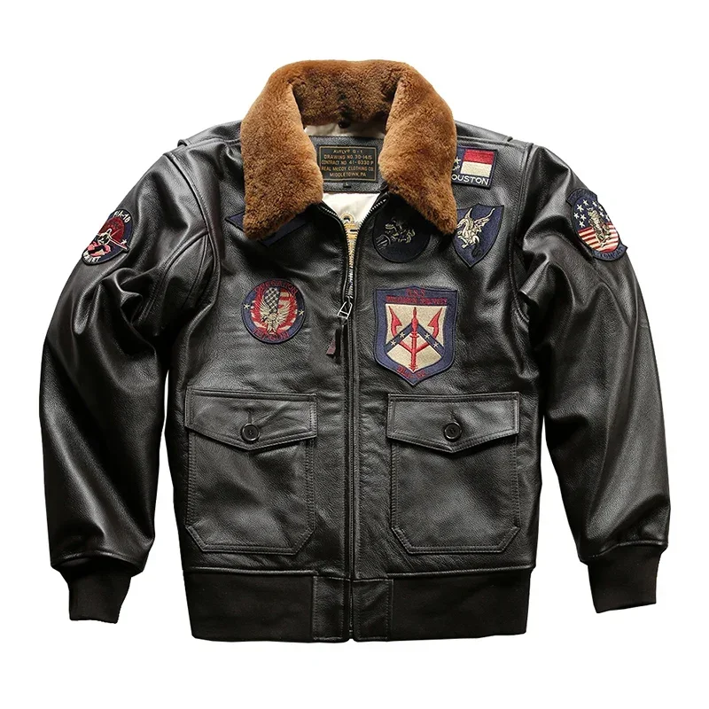 

Cowhide Jackets Top Gun 2 Genuine Leather Bomber Pilot Moto & Biker Embroidery Men's Casual Coat Winter Cowskin Lamb Wool Collar