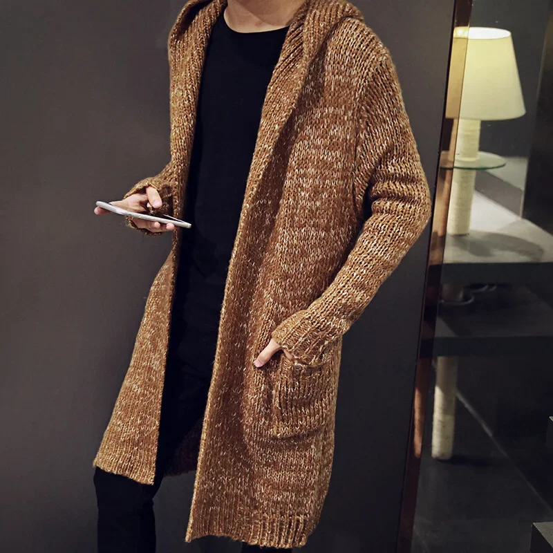 

2025 Autumn Winter New Fashion Korean Style Men's Solid Color Long Sleeve Knitted Casual Trendy Hooded Sweater Coat Male Clothes
