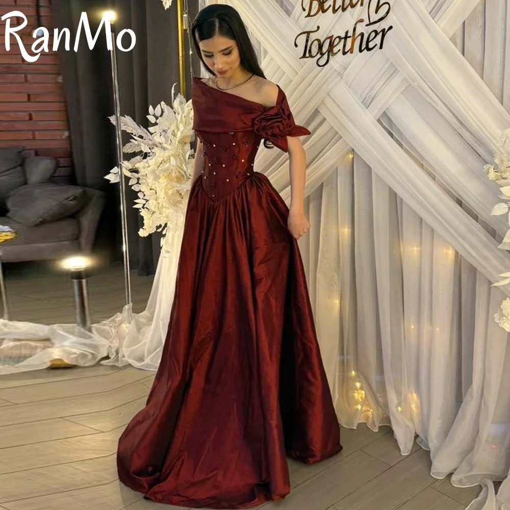 Ranmo 2026 vestido de fiesta rojo personalizado de alta calidad nuevo con cuentas plisado fuera del hombro una línea hasta el suelo vestido de noche para ocasiones a medida