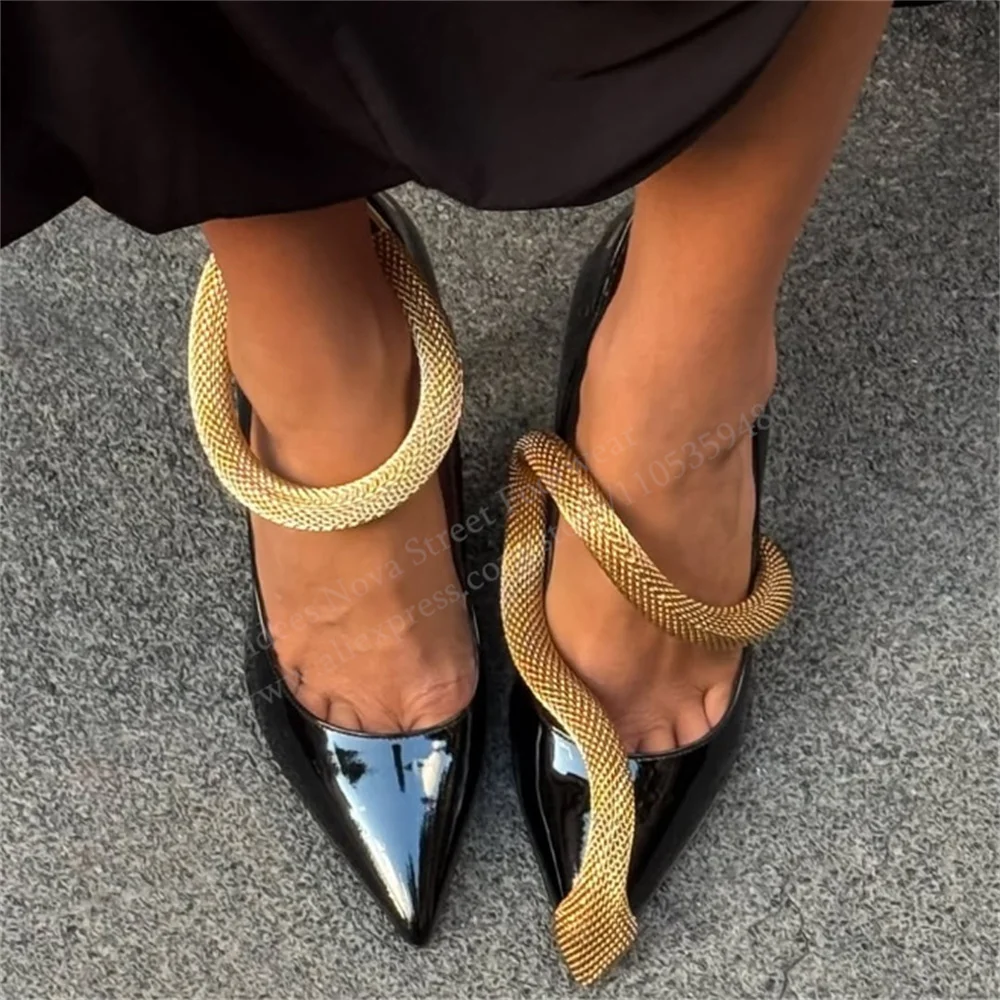 Gold Sexy Snake Pattern High Heels Women Black Patent Leather Pointed Toe Stiletto Heel Novelty Party Dress Evening Pumps