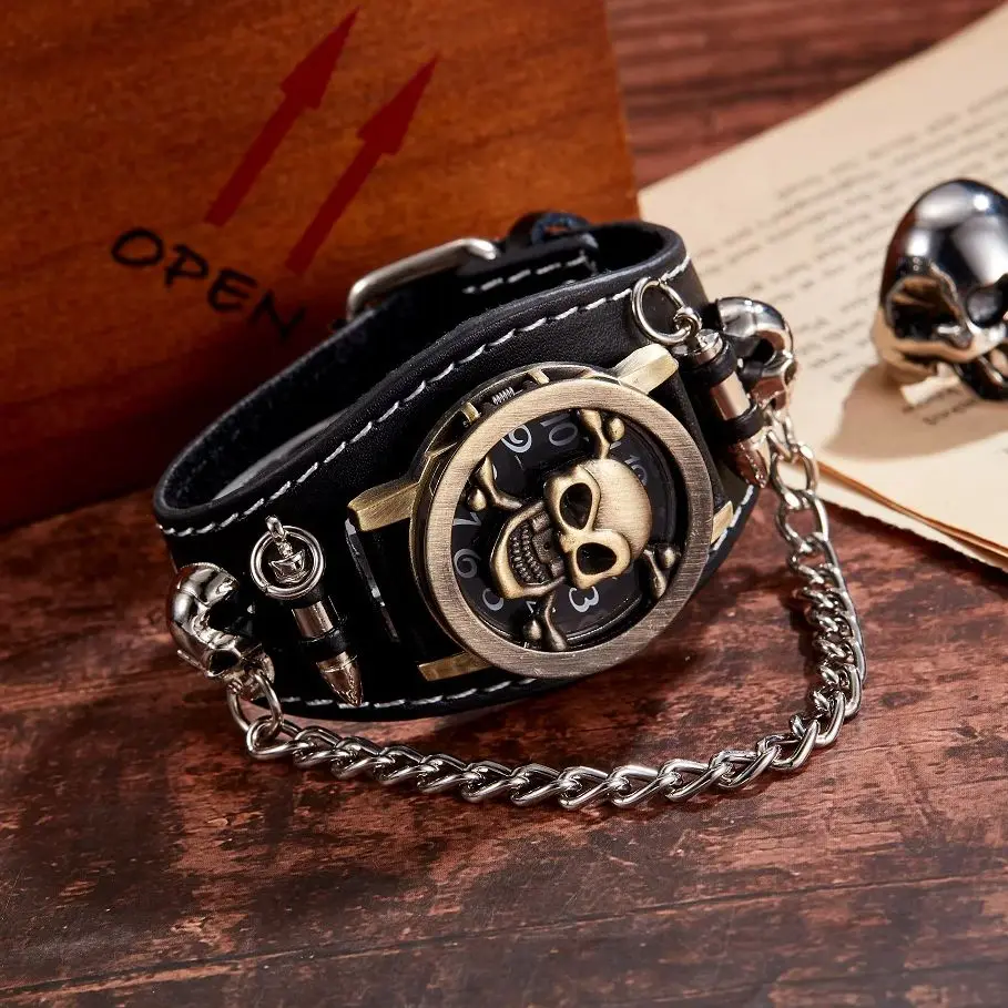 Anime Skull Round Pointer Quartz Watch Grunge Punk Gothic Halloween Cosplay Analog PU Leather Bracelet Watch For Women Men