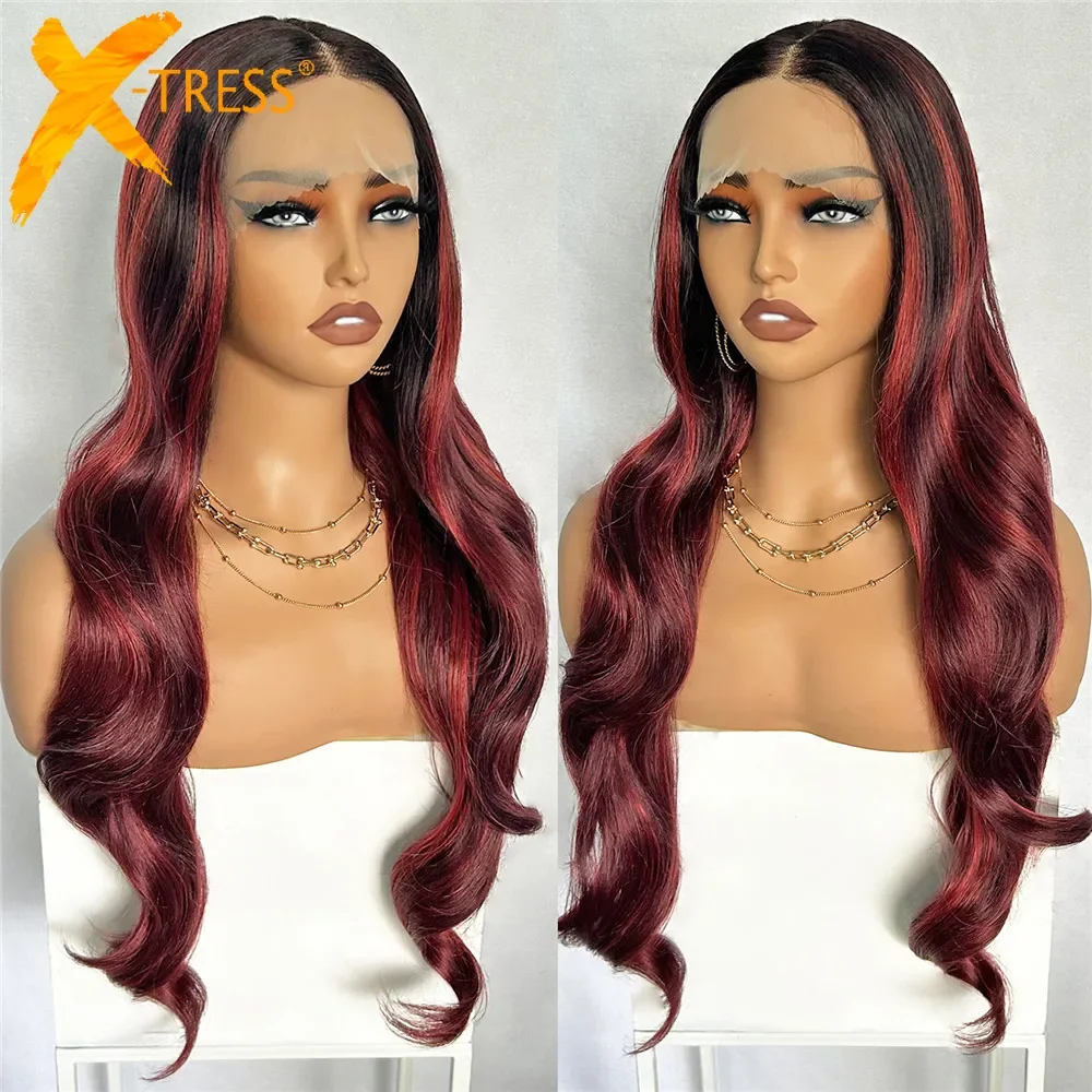 

X-TRESS Ombre Burgundy Highlight Color Lace Front Wig 30 Inch Long Middle Part Body Wave Pre Plucked Lace Wig with Baby Hair