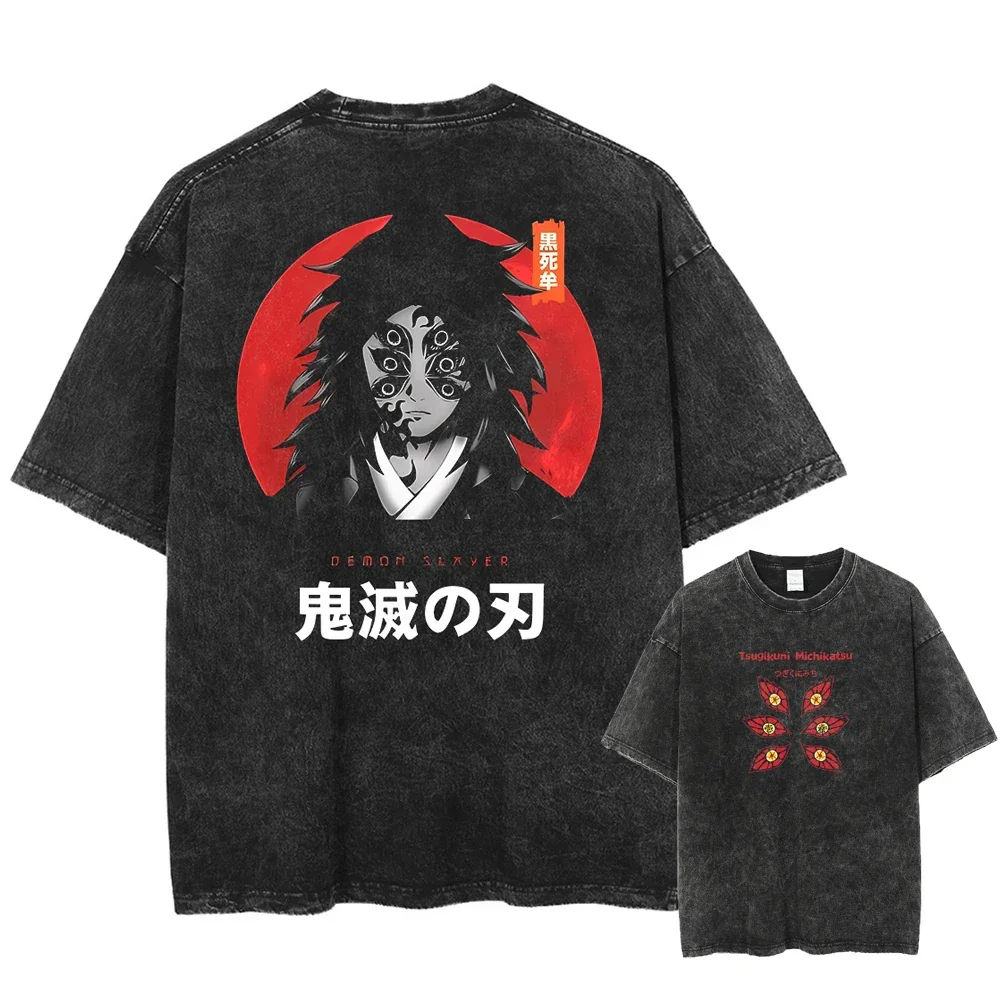 

Vintage Washed Tshirts Anime Demon Slayer T Shirt for Men Harajuku Oversize Tee Cotton Fashion Streetwear Unisex Tops