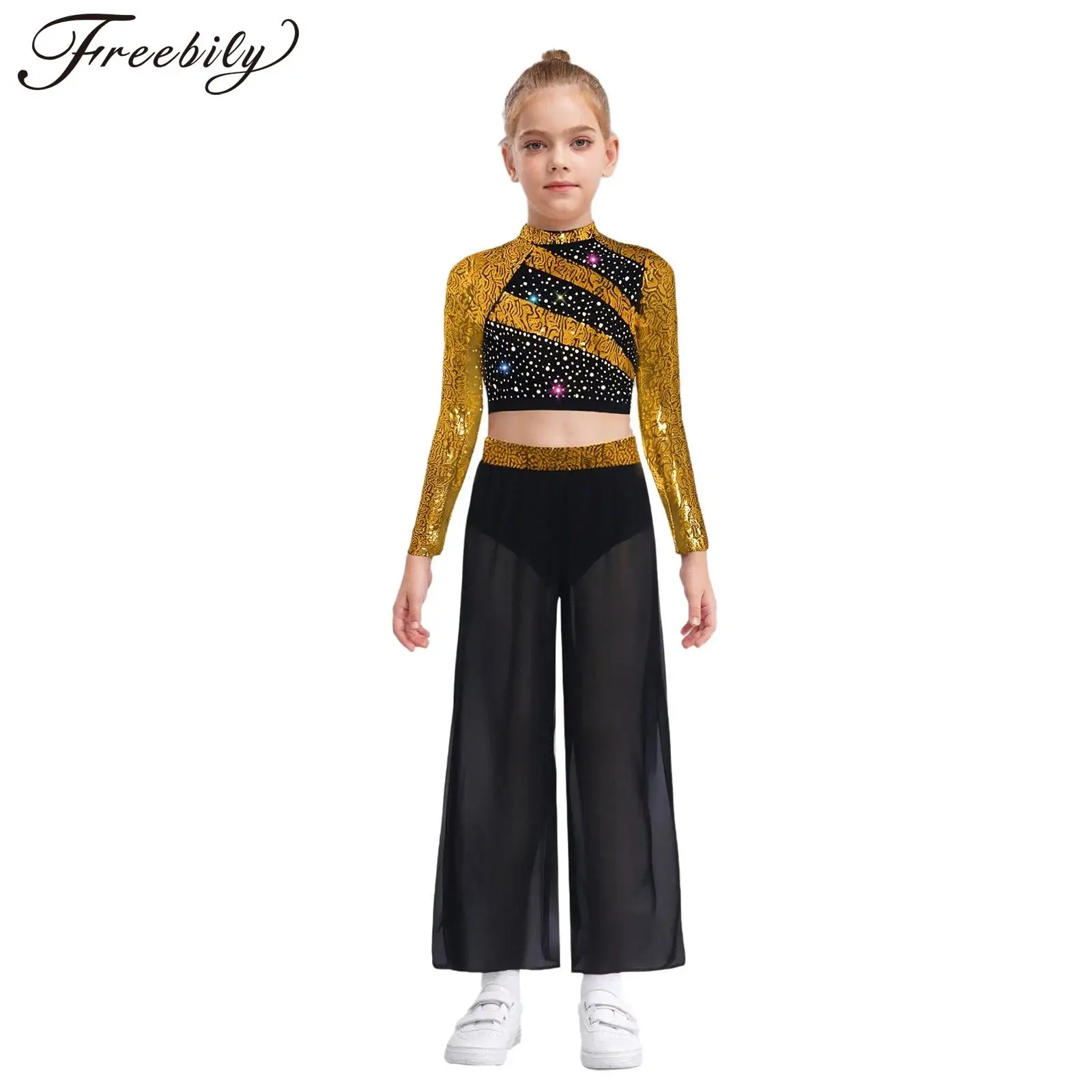 

Детский танцевальный костюм для девочек, комплект для танцев в стиле джаз, хип-хоп, комплект из 2 предметов, блестящий укороченный топ со стразами и широкие брюки
