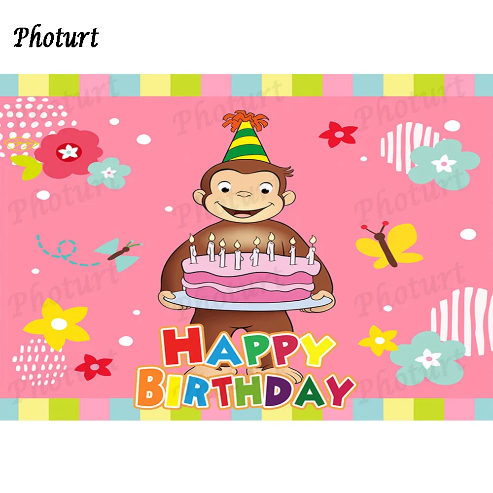 PHOTURT George Monkey Backdrop Kids Birthday Background Cake Candle Vinyl Polyester Photography Studios Decoration Props