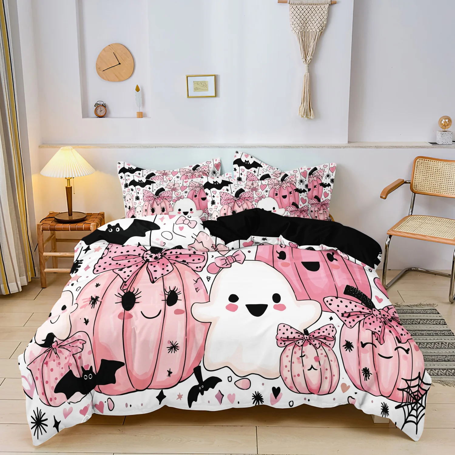 3Pcs Cute Pink Pumpkin Ghost Halloween Duvet Cover Set, Pastel Goth Bat Spider Web Bedding, Soft Microfiber Home Decoration