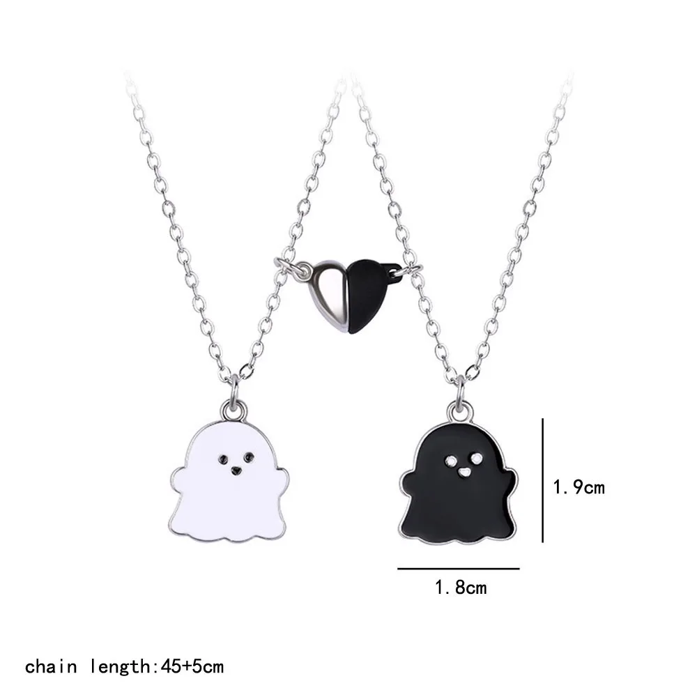 Lovecryst 2Pcs/set Cute Black and White Ghost Magnet Best Friend Necklace for Girls BFF Friendship Jewelry Gift