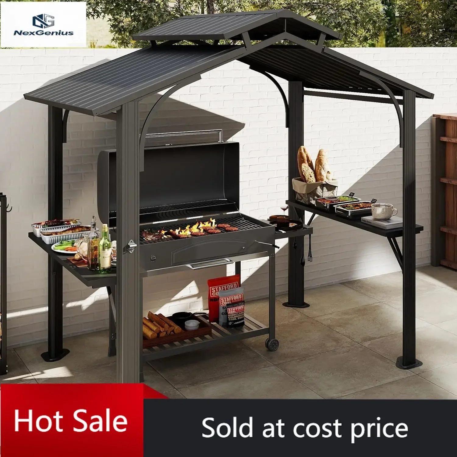 

Domi 8x5FT Hardtop Grill Gazebo, Grill Canopy for Outdoor Grill w/Double Galvanized Steel Roof, 2 Side Shelves and Ceiling Hooks