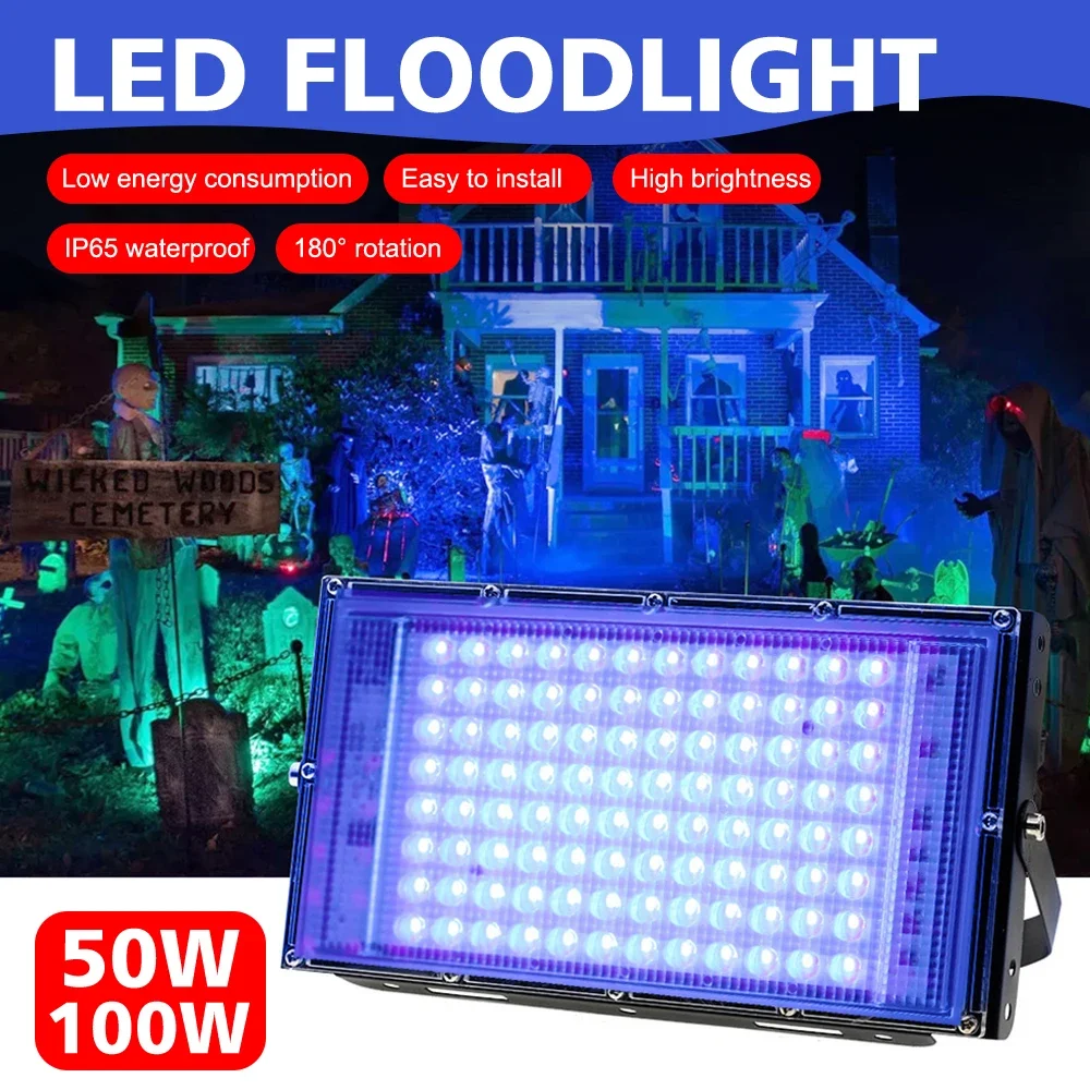 100W 50W LED UV Floodlight Stage Blacklight Ultraviolet Lamp Flood Effect Light for Halloween Dance DJ Disco Party Bar 220V