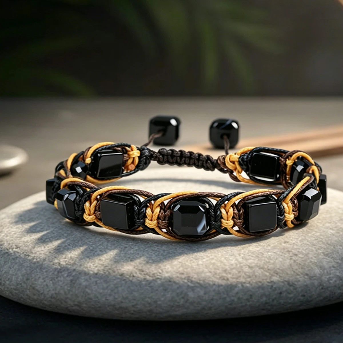 Herren-Armband aus natürlichem schwarzem Achat und Obsidian, geflochten, verstellbar, heilender Schutzkristall, Geschenk für Männer, Väter, Geschäftsleute