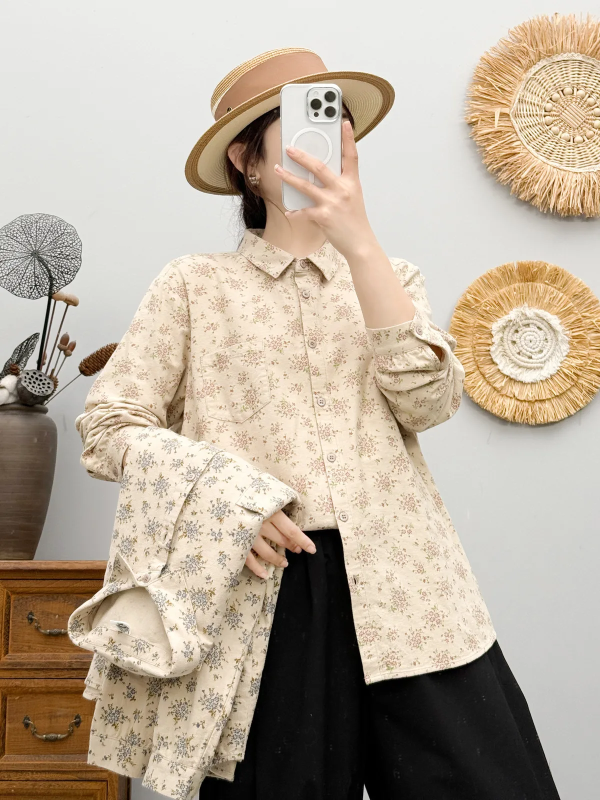

2025 Winter brushed shirts & blouses for women autumn Japan style vintage long sleeve printed shirts lady tops and blouses