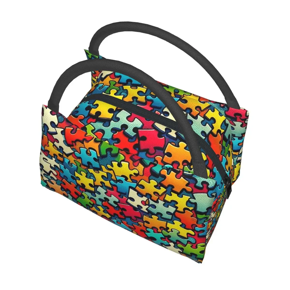 Autism Awareness Colorful Puzzle Piece Print Insulated Lunch Bag for School Bento Storage Food Boxes Portable Thermal Lunch Box