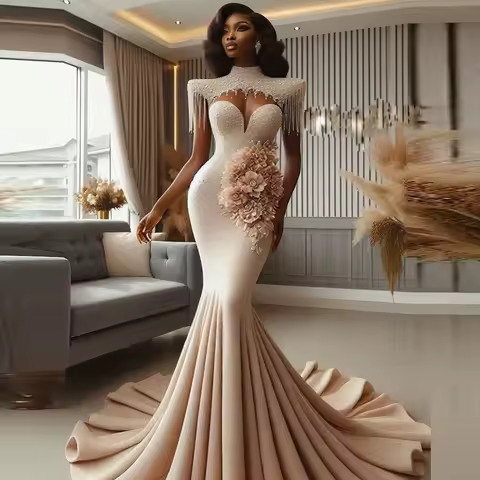 Elegant Mermaid Long Evening Gowns Shining Tassel Cap Style Ruffles Appliques Prom Dress Women Formal Occasion Party Dress