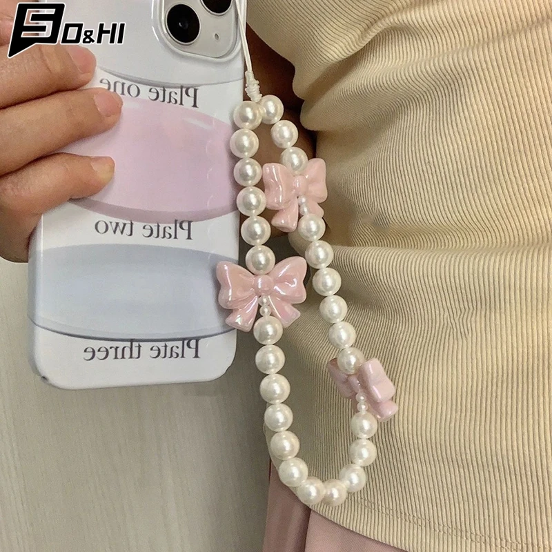 Pink Pearl Bow Phone Chain Anti-Lost Bracelet For Mobile Phone Case Wrist Strap CCD Lanyard Phone Keychain Portable Chain