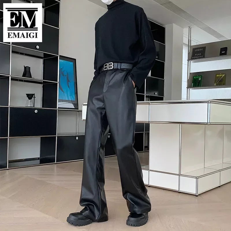 

Men's Korean Streetwear Fashion Vintage Loose Causal Leather Micro Flared Pants Man American Style High Street Trousers