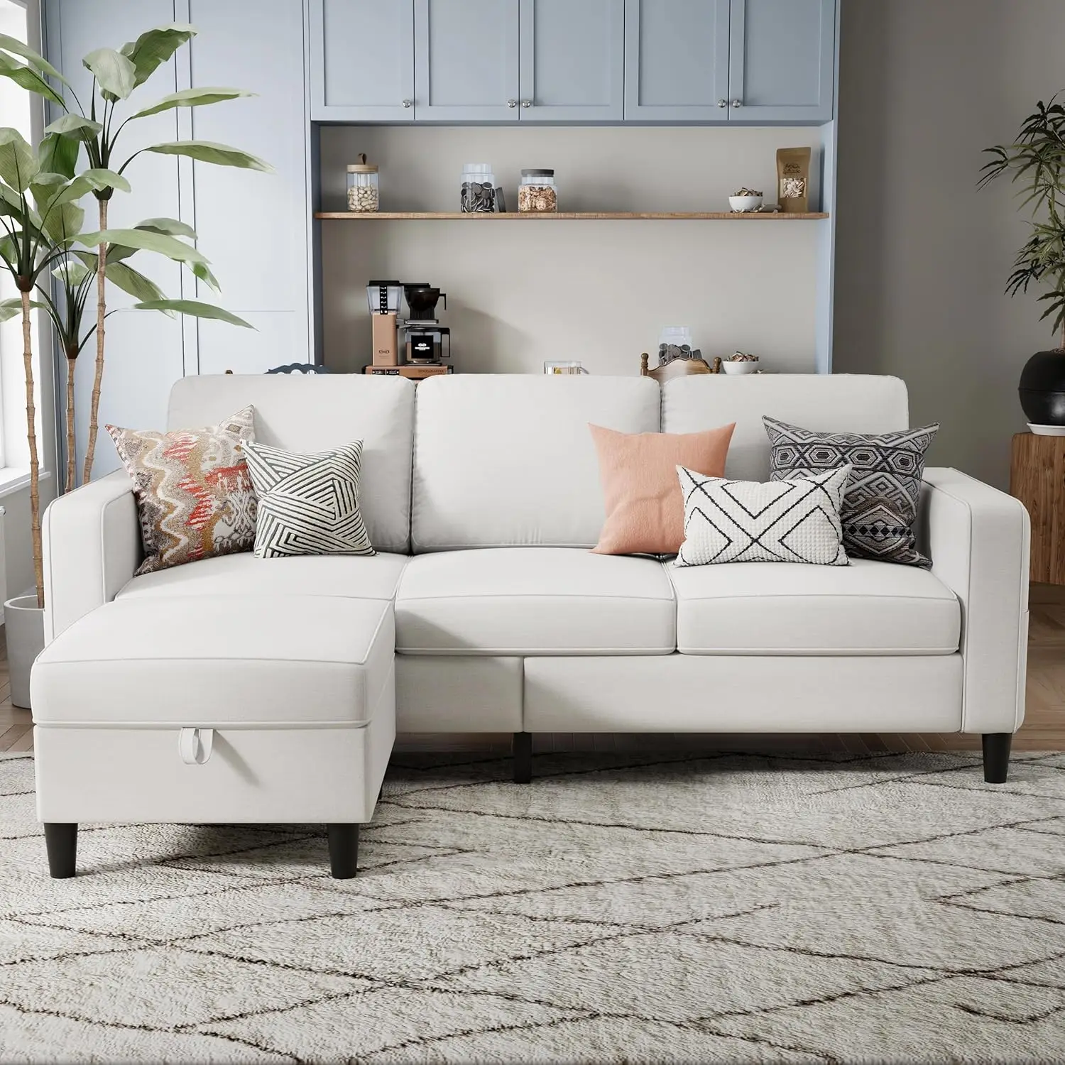 

Sectional Sofa Couches for Living Room - Beige 3 Seat L-Shaped Couch with Storage Ottoman, Comfy Linen Convertible Sectionals So