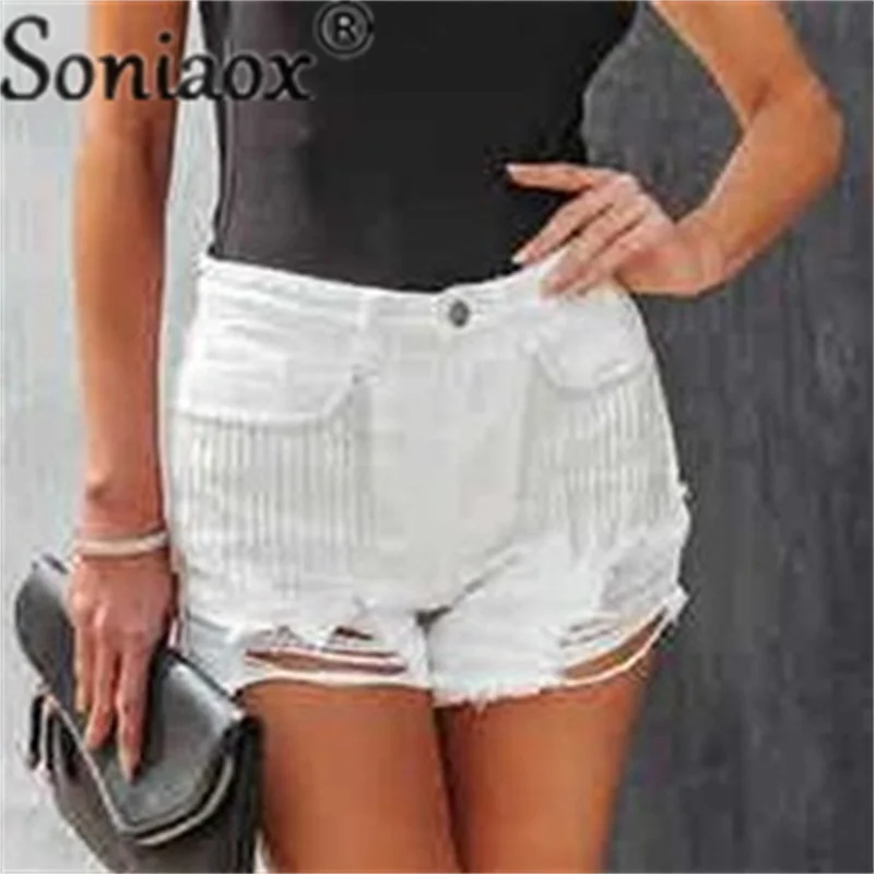 Fashion Tassel Chain Splicing Broken Holes Denim Shorts Women Streetwear Casual Three Quarter Pants Female Summer Straight Jeans