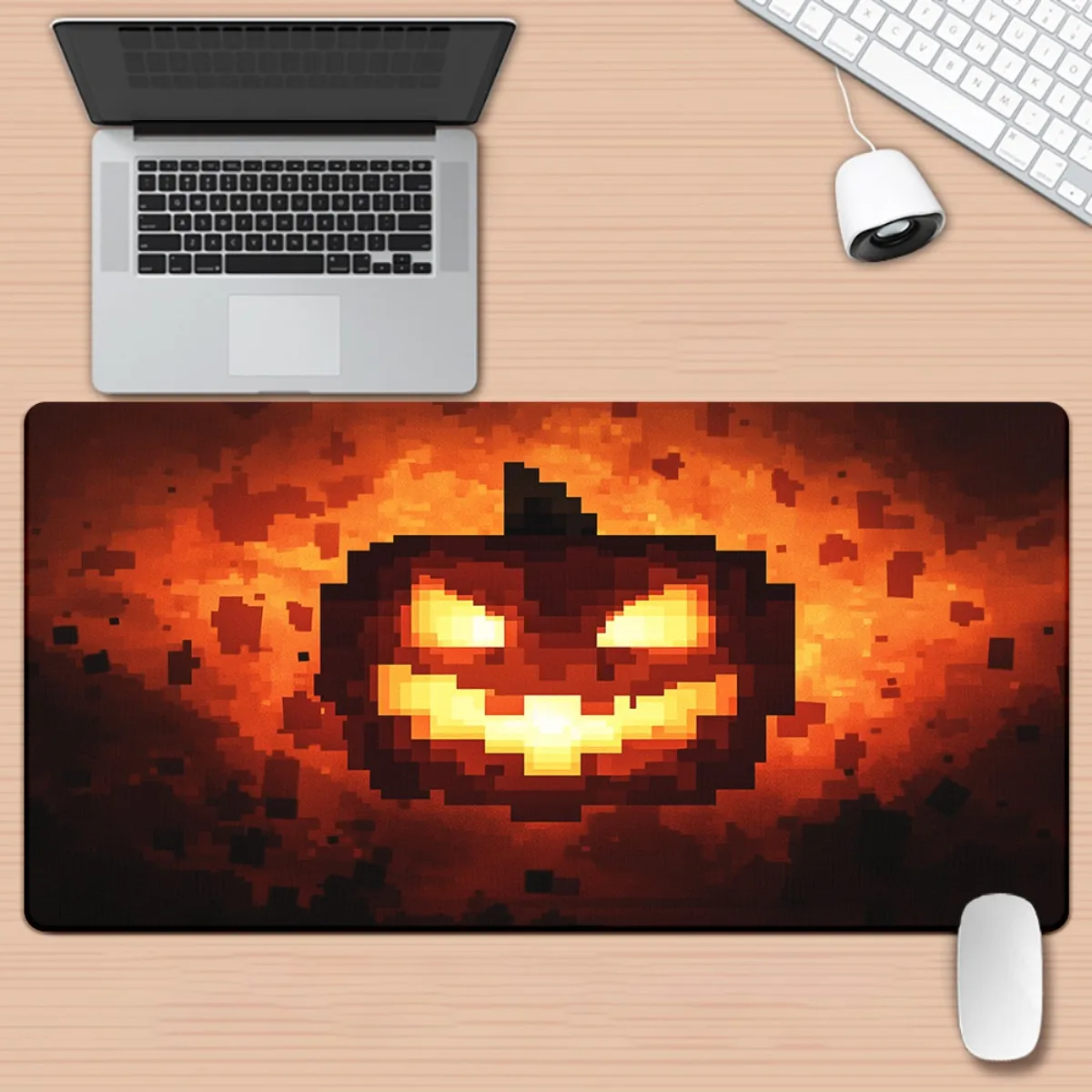 Pixel Art Glowing Pumpkin XL Desk Mat Rubber Gaming Mouse Pad Halloween Gift