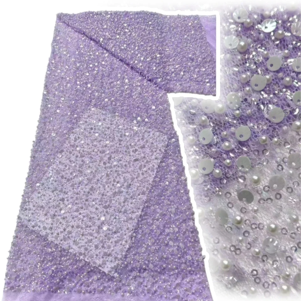 

5Y Luxury French Sequin Lace Fabric 2026 High Quality Nigerian African Beaded Lace Fabric Women's Wedding Party Dresses AH1828