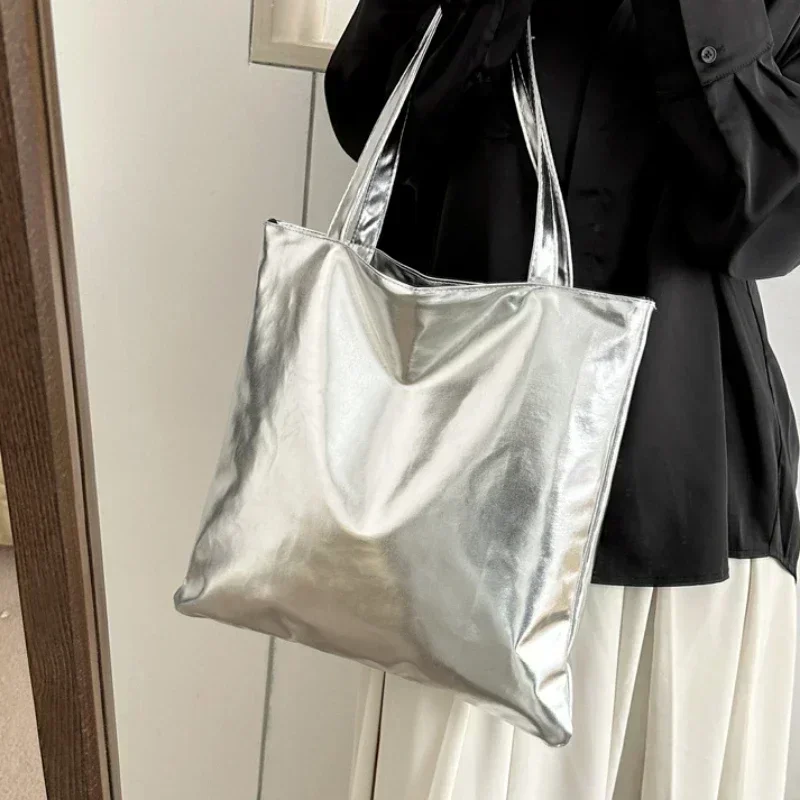 Women Glossy Tote Bags for  Fashion High Capacity Shopping Pouch PU Leather Handags Shiny Casual Female Purse Girls Shoulder Bag